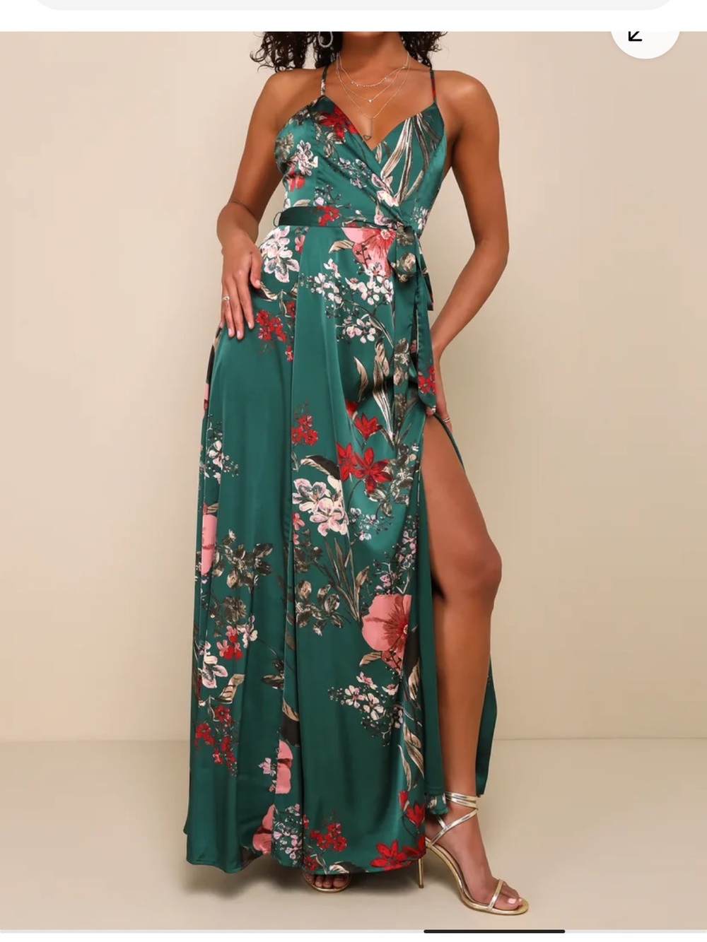 Lulu's Emerald Green Floral Wrap Maxi Dress with Pink & Red Blooms